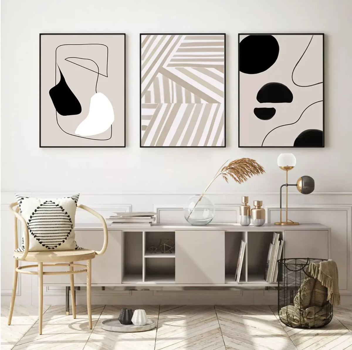 Abstract Lines Beige Black Simple Canvas Painting My Store